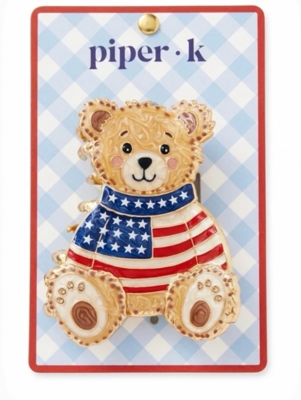 🇺🇸▪️piper K ▪️ Teddy Bear Hair Claw Clip in Red, White & Blue Patriotic